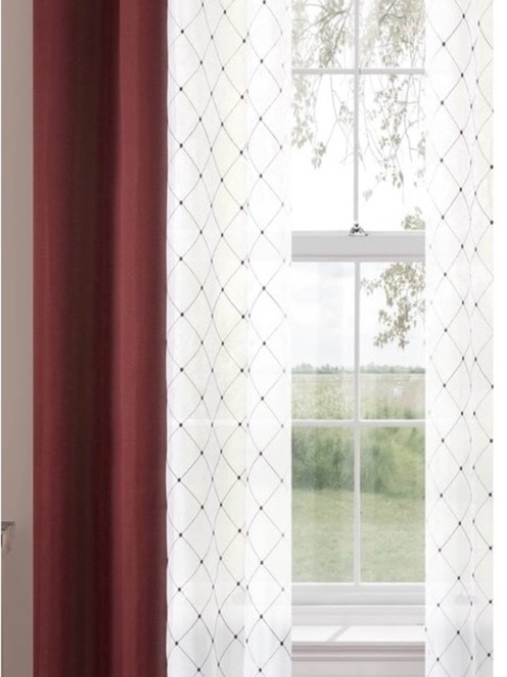 Mainstays 2 Burgundy Solid Panel with 2 White Embroidered Sheer Panels